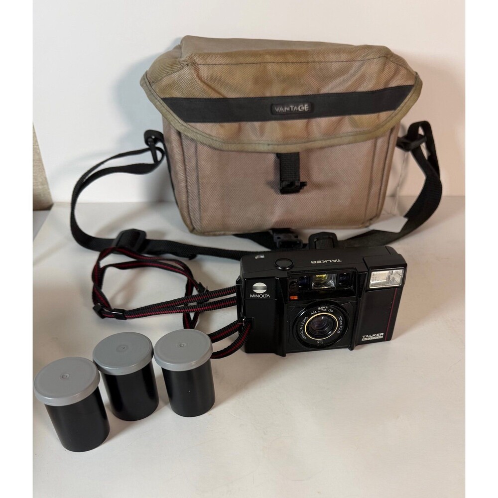 Minolta Talker Japan 35mm Film Camera w Vantage Bag and 3 Film Roll Storage